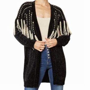 ENTRO Black Tasseled Chenille Open Front Cardigan